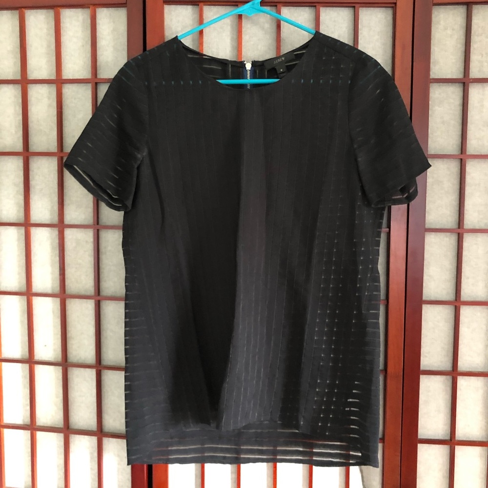 JCrew Black Sheer Striped Blouse w/ Zipper Detail